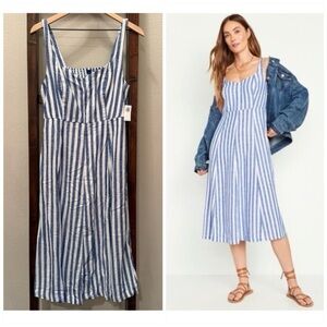NWT Old Navy Fit & Flare Linen-Blend Midi Dress – Blue Stripe